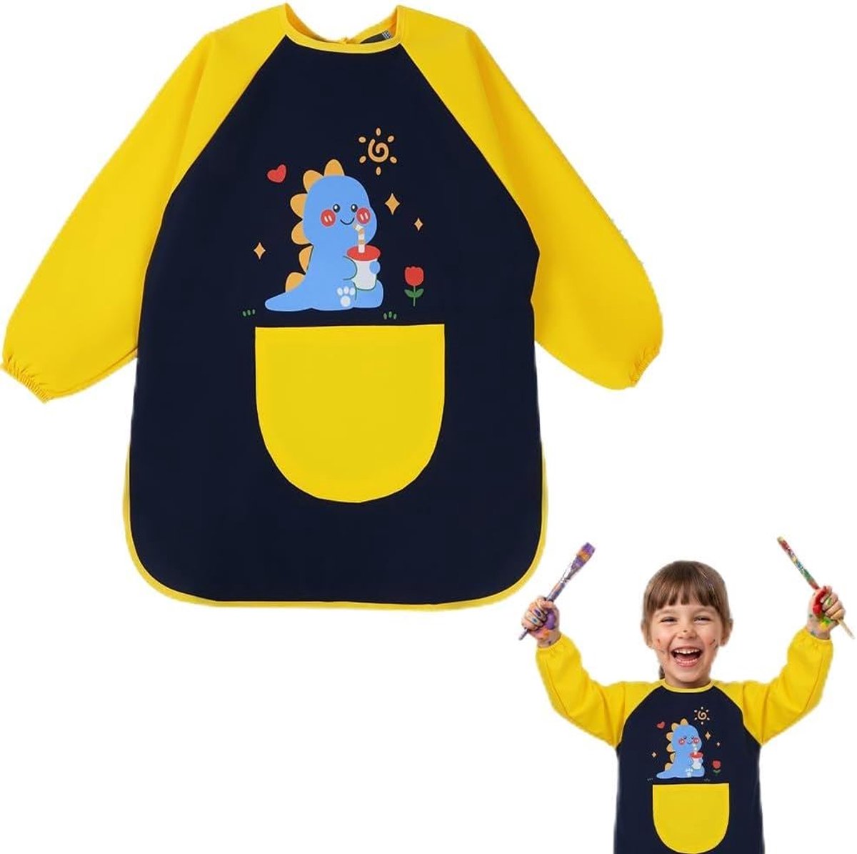 Schilderschort voor kinderen L - waterdicht met lange mouwen - dino print - ideaal voor schilderen en knutselen - m-winkel