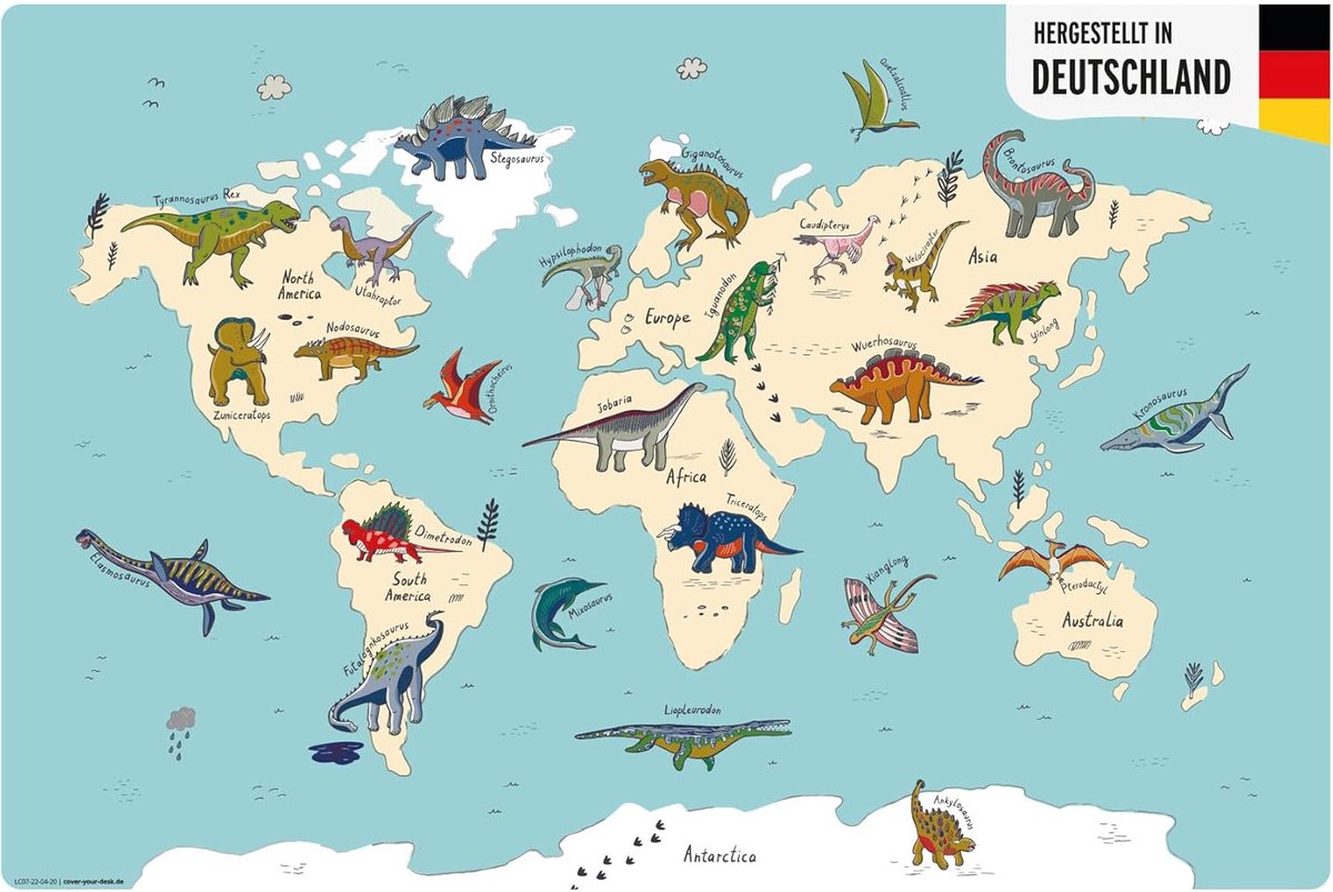 Kindertafelmat Dinosaurus Wereldkaart 60 x 40 cm - Premium Vinyl - Waterafstotend - Perfecte bescherming - SnelShoppen