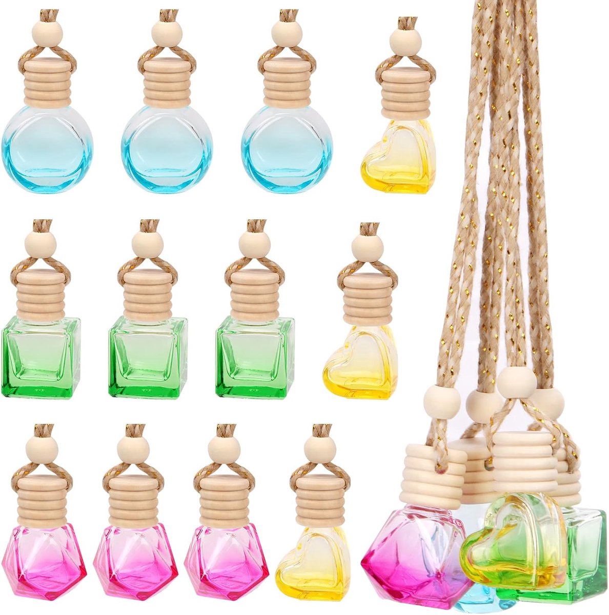 Luchtverfrisser diffuser 12 stuks - glazen flesjes 6/8/10 ml - met houten dop en hangkoord - frisse geur voor auto - SnelShoppen