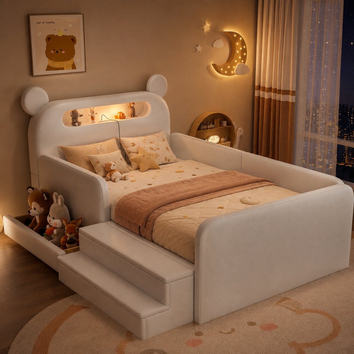 Kinderbed 90x200 cm - Eenpersoonsbed - Gestoffeerd bed - Multifunctioneel bed - Vloerbed - Met opbergvak - Met USB-oplaadpoort - Met nachtlampje - Veilig en comfortabel - Wit