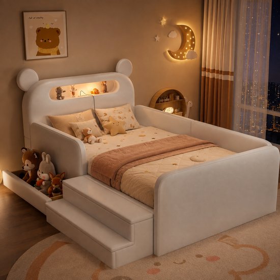 Wit kinderbed met oren, opbergvak, nachtlampje en een sprei. Met knuffels en tablet.