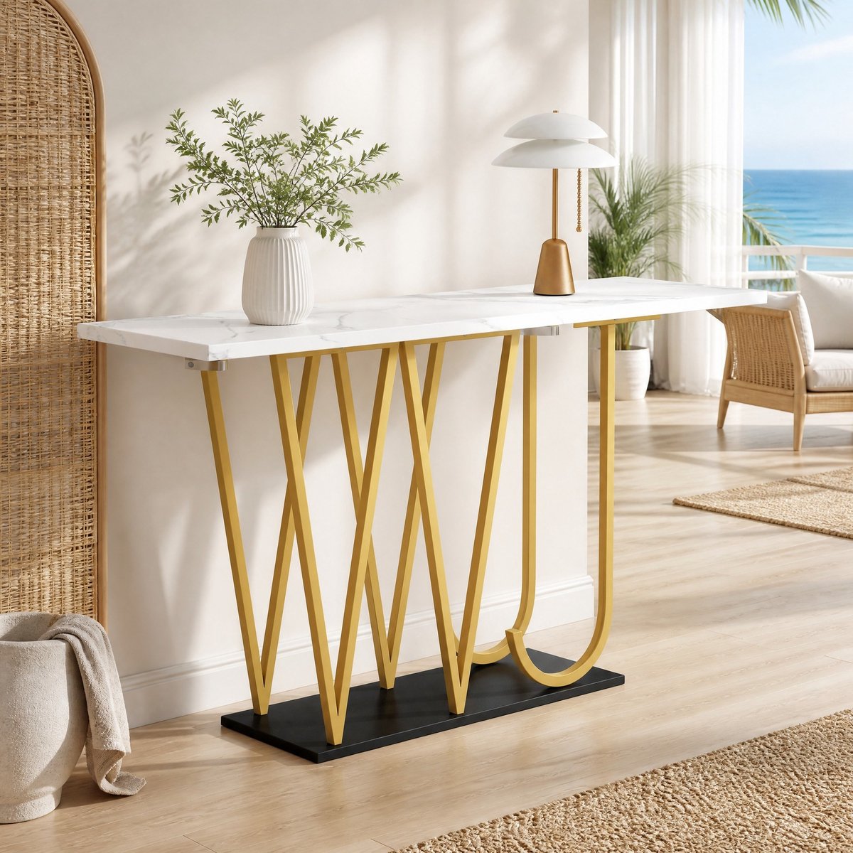 MODFU Eettafel - Marmerlook - MDF En Metaal - Wit Goud Zwart - 120 X 29,5 X 80 Cm