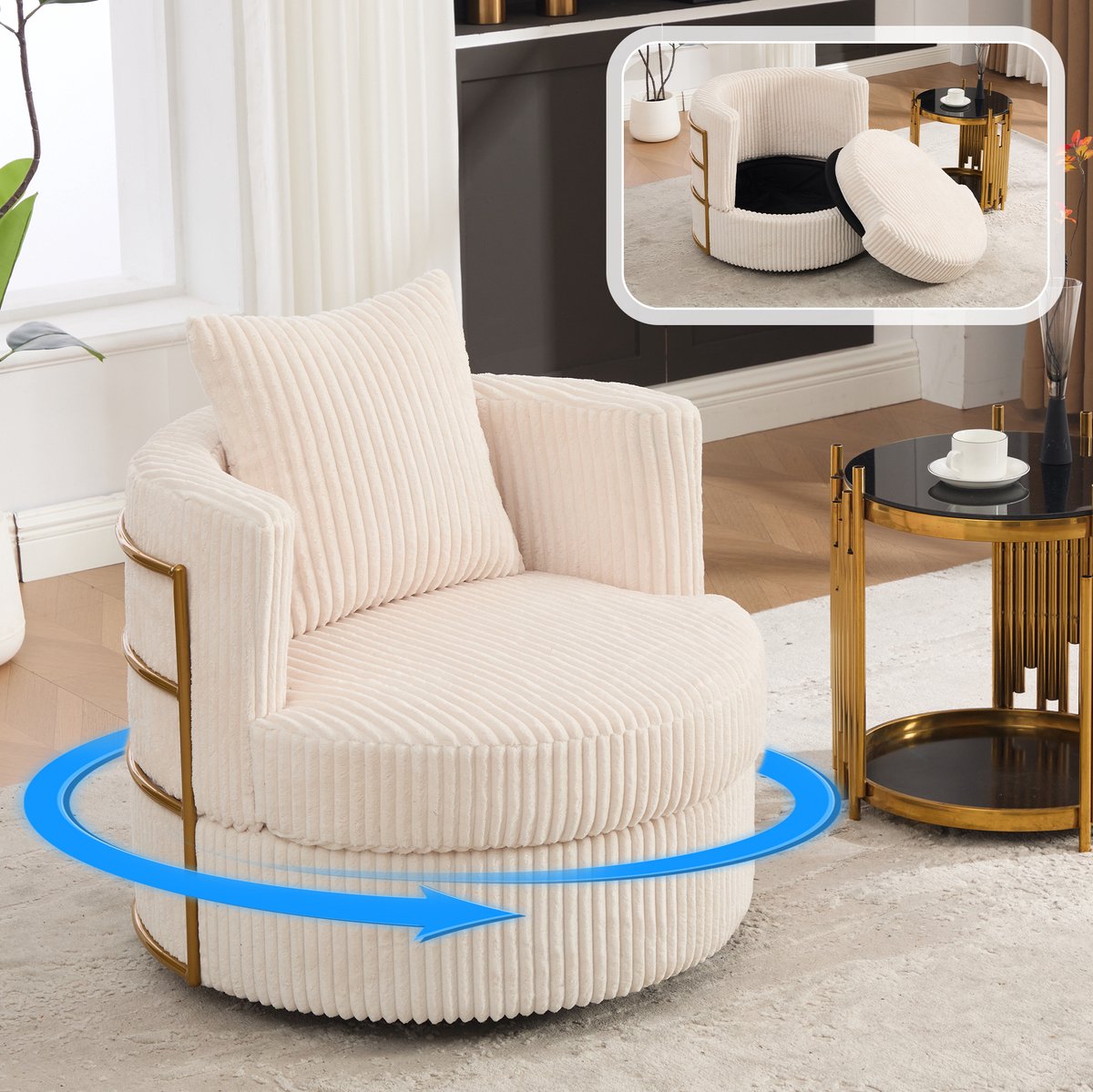 FloraGrace Fauteuil - 2-Delige Set Met 360 Graden Draaifunctie - Corduroy - Beige - Met Armleuningen En Opbergruimte