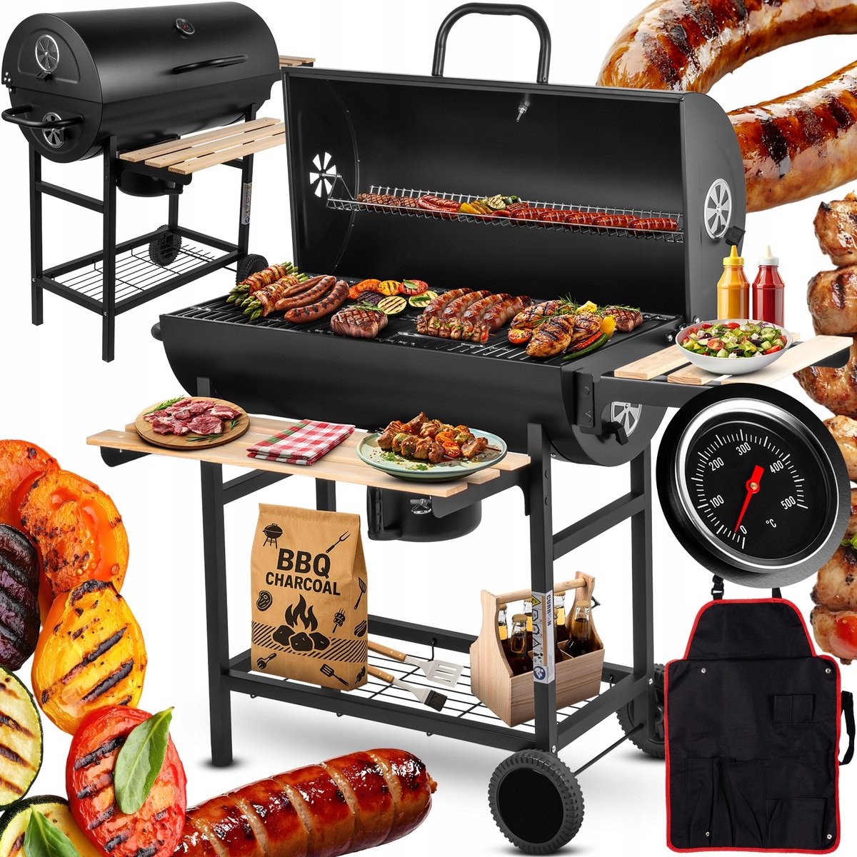 Grote Koolgrill met Thermometer, Wielen en BBQ Schort - 71x35cm Grilloppervlak
