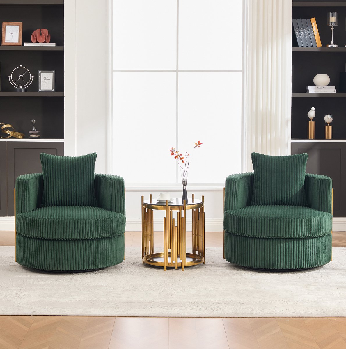 FloraGrace Fauteuil 1-Zits - 360 Graden Draaibaar Met Armleuningen en Opbergruimte - Voor Slaapkamer en Woonkamer - Corduroy - Donkergroen