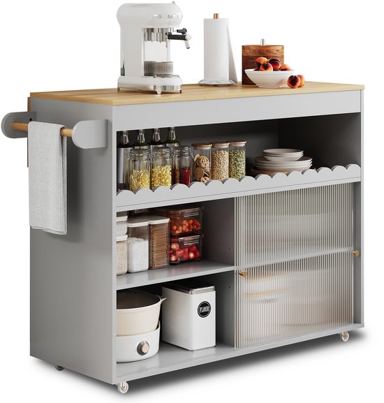 MODFU-Keuken Eilandwagen-Opklapbaar-Gehard Glas-Fineer-MDF-Grijs-122 X 46(69) X 91 Cm van modfu — afbeelding 5