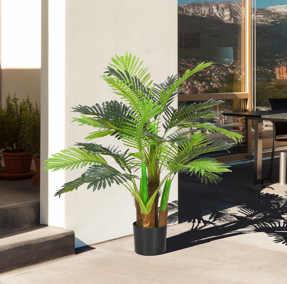 Kunstplant Kunst Palm 100 Cm Voor Binnen En Buiten Groen Kunststof Met Realistische Bladeren En Stabiele Pot Voor Woonkamer Tuin En Bureau
