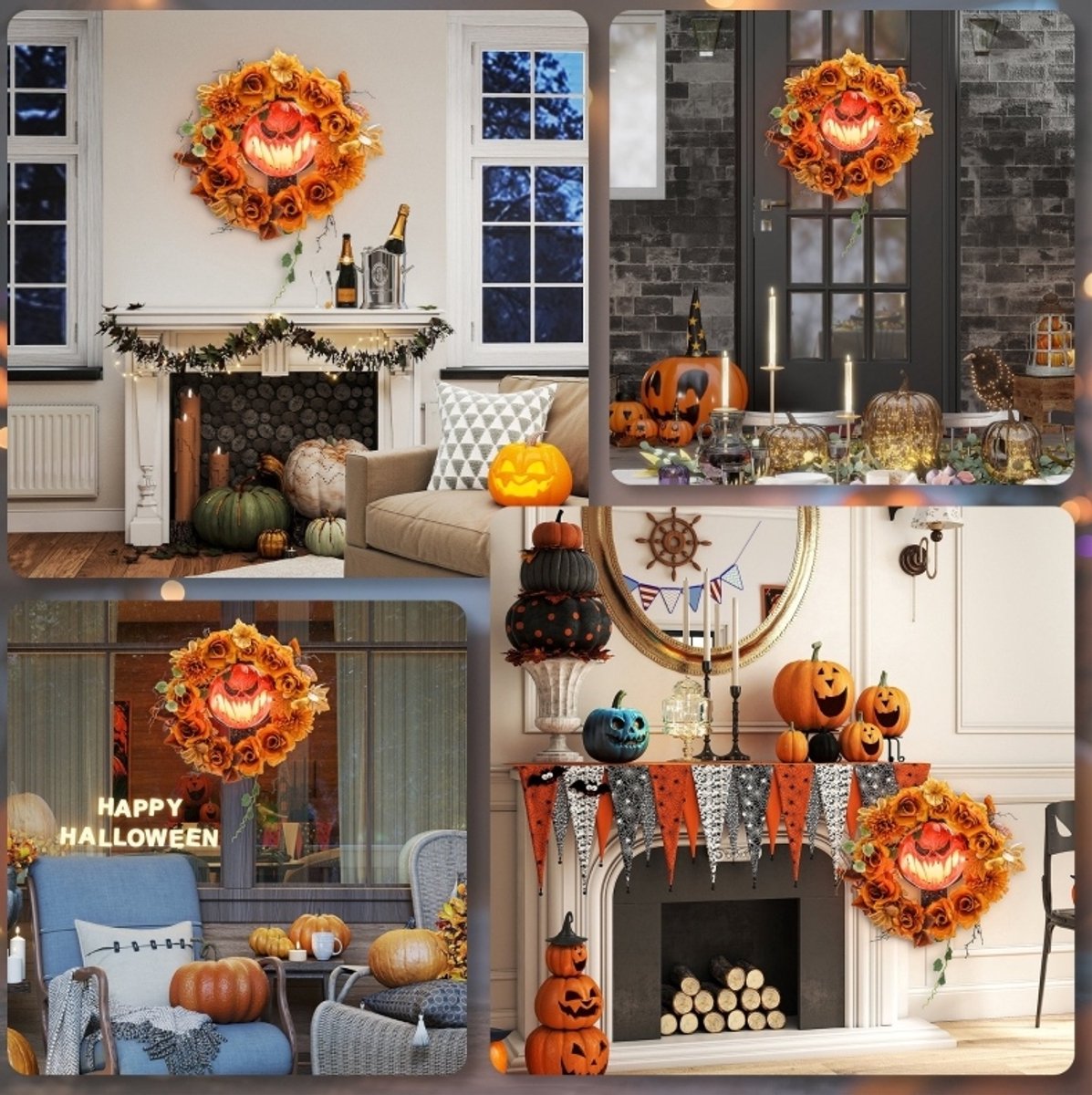 Halloween-Krans – Griezelig Pompoendesign Met 44 Ledlampjes – 44 x 44 x 9 cm – Staal En Polyester – Oranje – Voor Deur, Raam En Haard