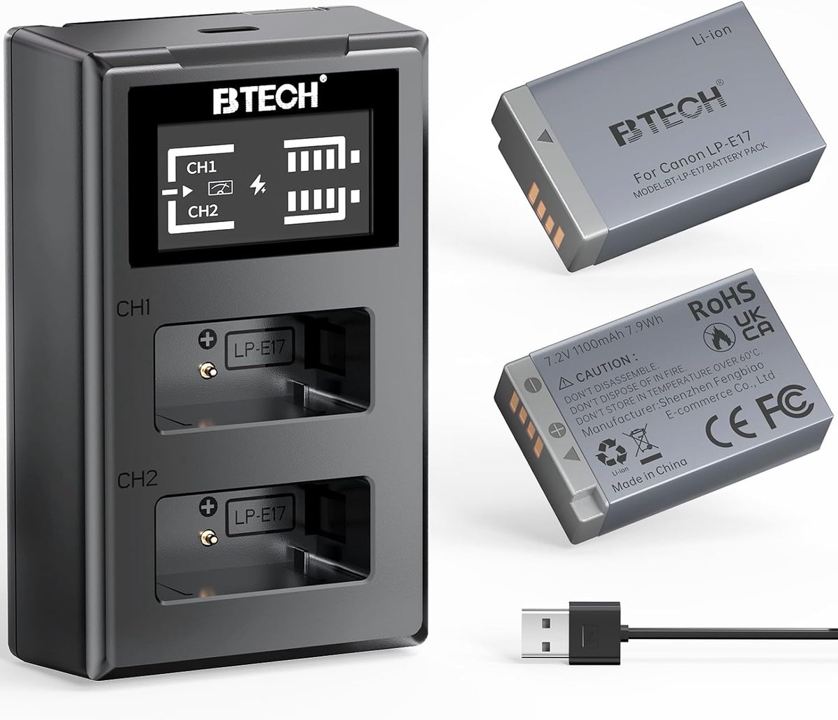 BTECH LP-E17 Accu 1100mAh 2 stuks met 18W USB-C snellader, compatibel met Canon EOS R50, R10, R8, R100, RP, M3, M5 - ShopVlot