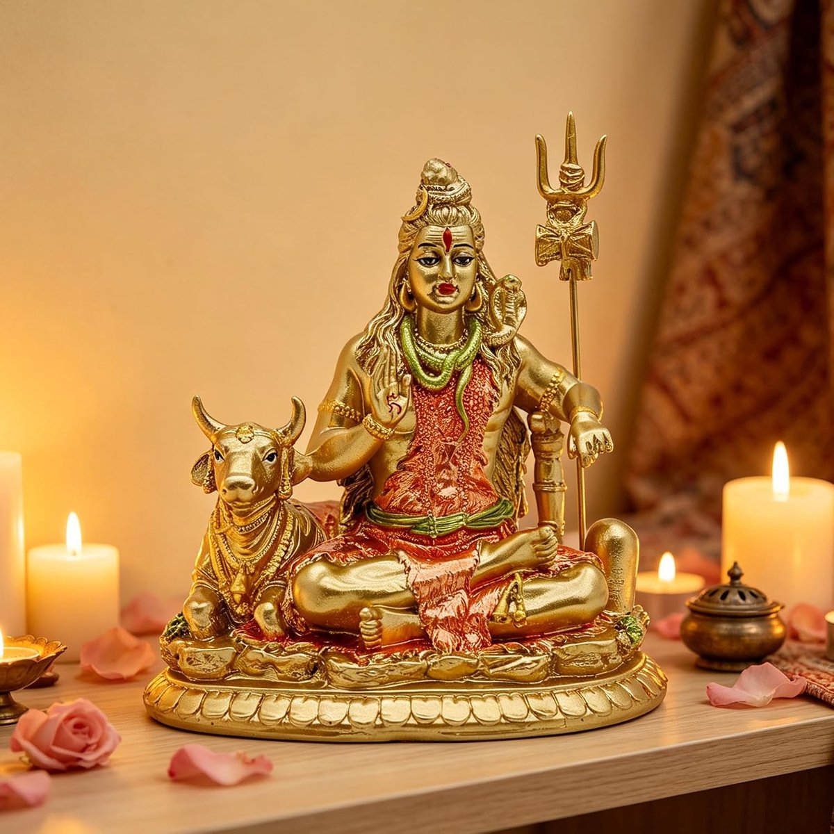 Hindu God Lord Shiva & Nandi Cow Statue - Resin India Murti Shiva Idol Sculpture with Trident Indian Home Office - ShopVlot