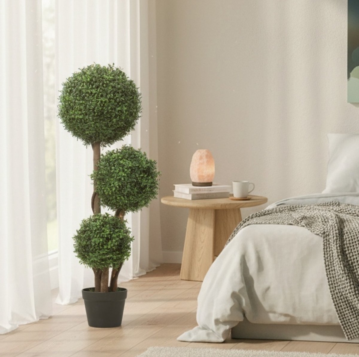 Kunstbuxus Driekugelig Met Houtstam En Pot 100 Cm Groen Voor Binnen En Buiten