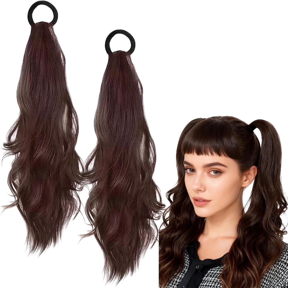 Ponytail extension 2-delig - krullend golvend haar - donkerbruin - perfect voor dagelijks gebruik - SnelShoppen