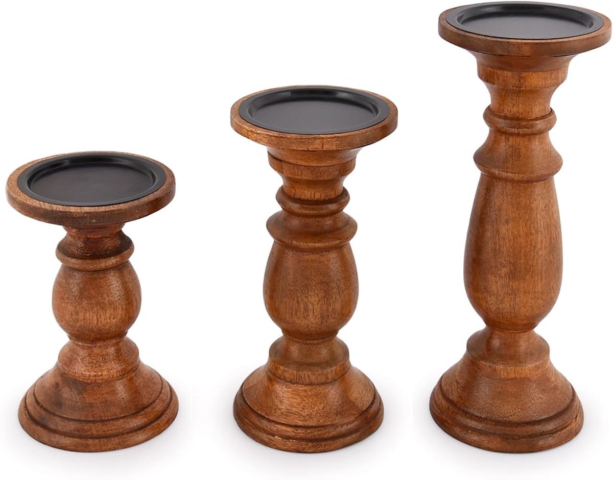 Houten kaarsenhouders set van 3 - Mango hout - Ambachtelijk ontwerp - Perfect voor bruiloften - SnelShoppen