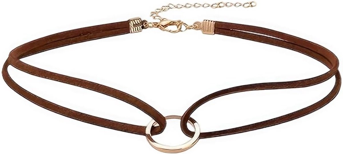 Hondenhalsband choker bruin - faux suede - gouden cirkel - boho stijl voor honden - SnelShoppen
