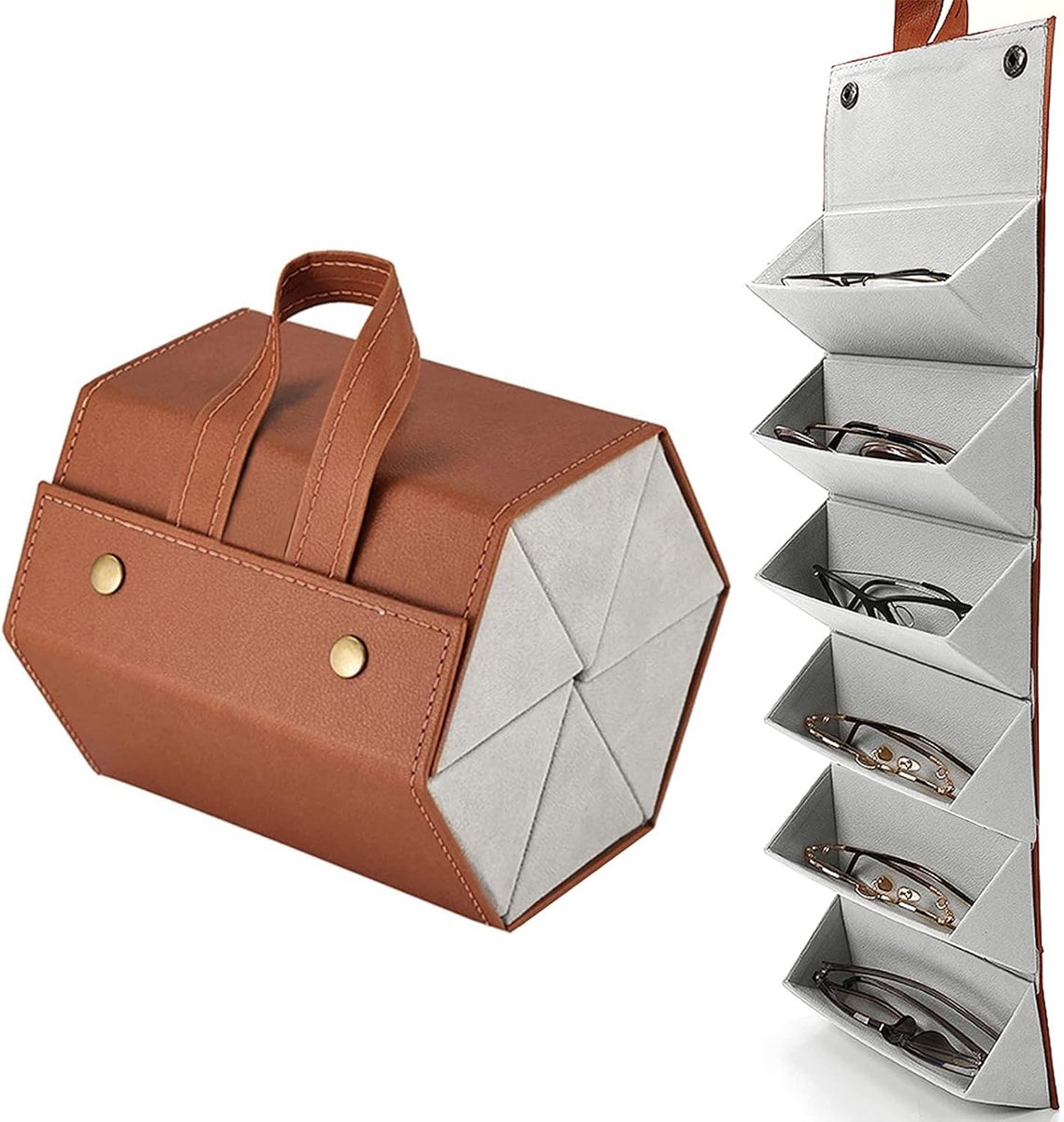 Zonnebril opslagdoos 6-vaks - PU leer - opvouwbaar - ideaal voor brillen of kleine items - SnelShoppen