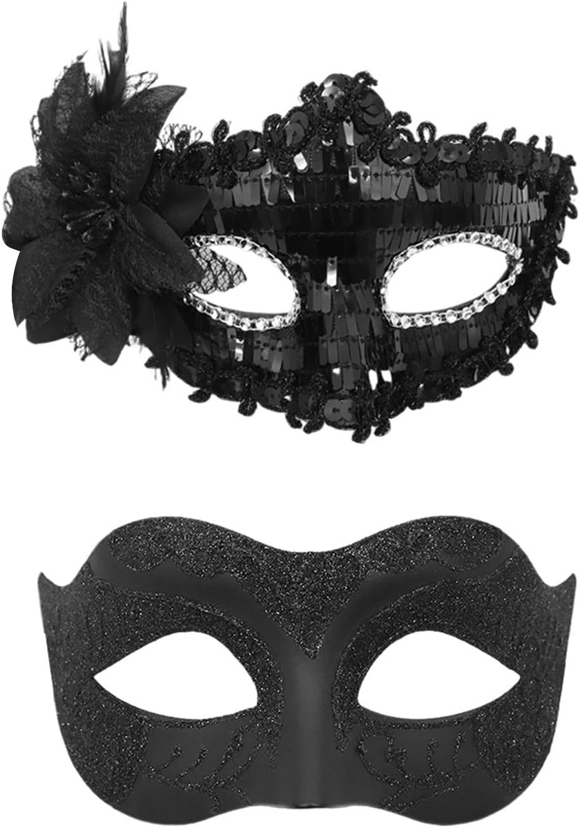 Venetiaanse maskers set van 2 - sequins - zwart - perfect voor feesten en optredens - SnelShoppen