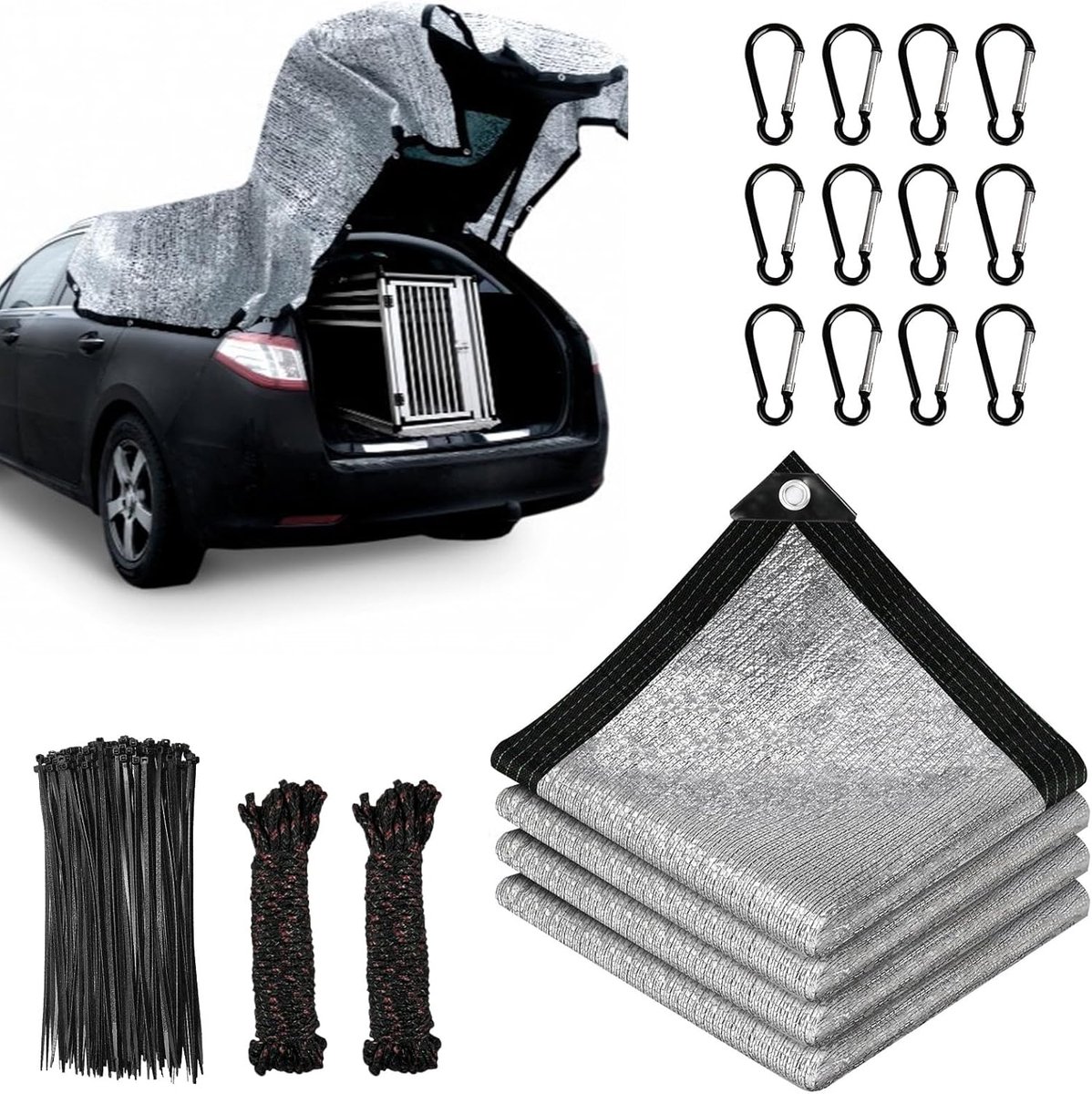 Schaduwnet voor de auto, schaduwnet voor honden, 2 x 2 m, reflecterend schaduwzeil, autozonwering, zonweringsnet, voor outdoor, camping, kas, hond, dieren
