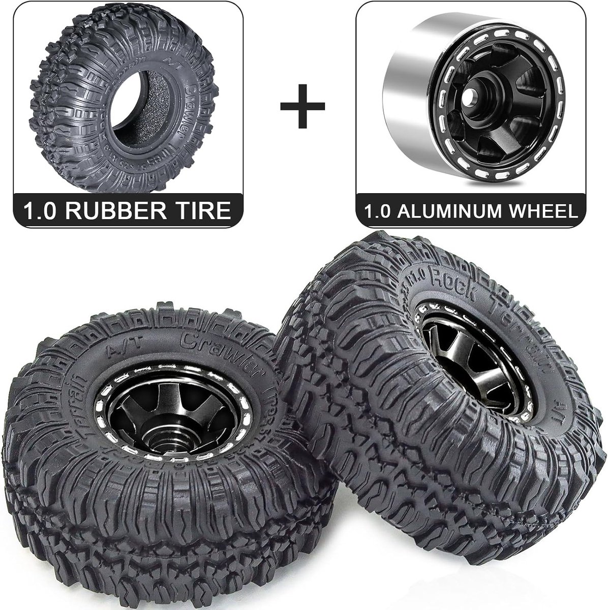 1.0 Beadlock velgen en banden set 57 x 24 mm 1,0 inch rubber Rock Crawler banden en aluminium bladvelgen voor 1/18 1/24 Axial SCX24 TRX4M Gladiator Bronco C10 JLU Deadbolt RC Crawler upgrade (zwart)