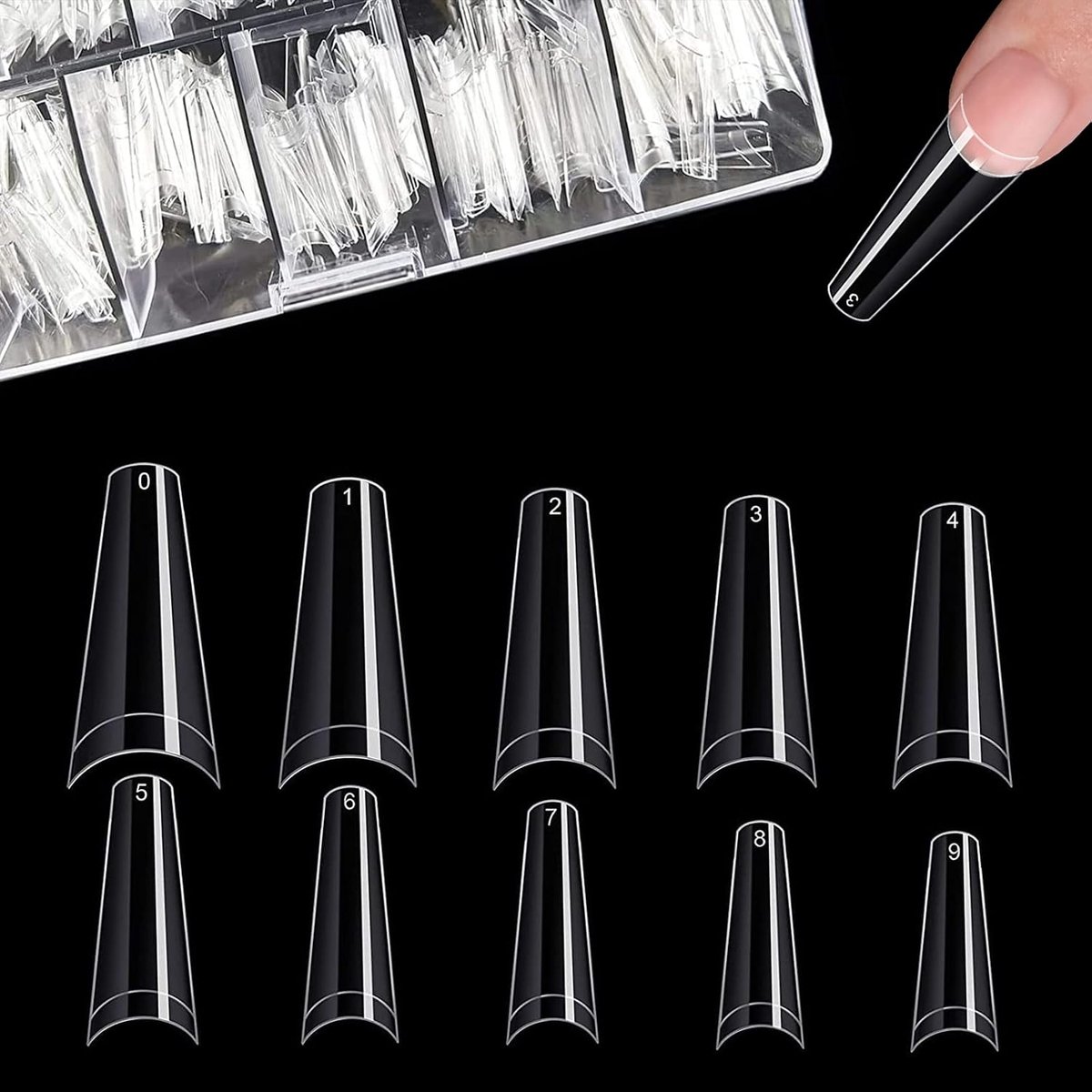 500 stuks lange ballerina transparante valse nageltips in 10 verschillende maten voor nagelsalons en doe-het-zelf nagelkunst, acrylnagels met doos voor vrouwen grils