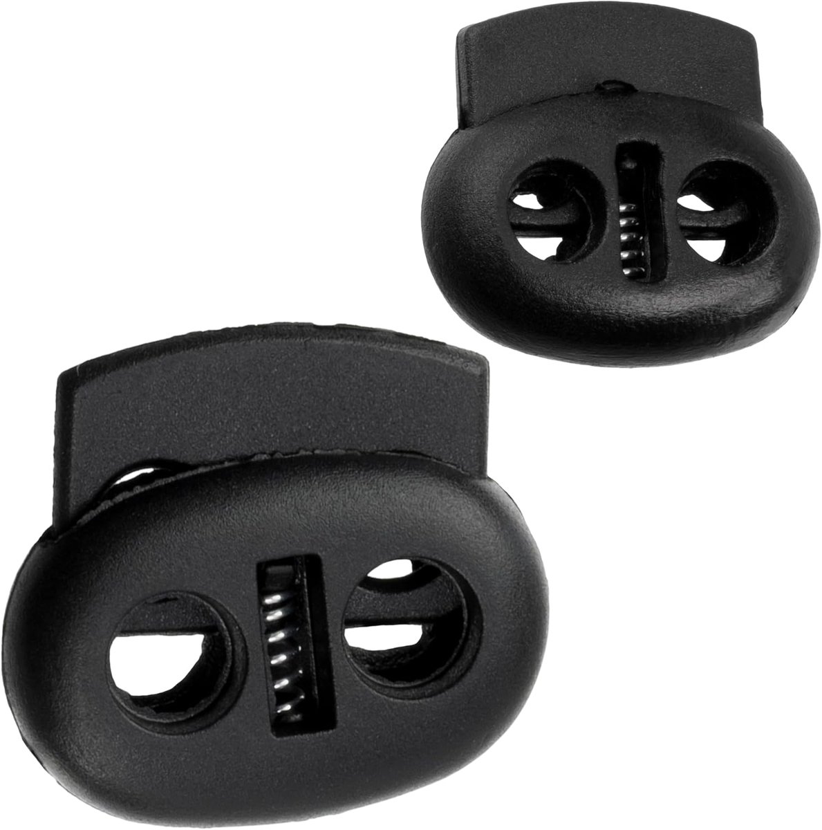 - Set van 12 ovale koordstoppers met 2 gaten 23 mm en 17 mm - zwart - openingen 5 mm en 4 mm - van kunststof - aanpassing veters kleding accessoires