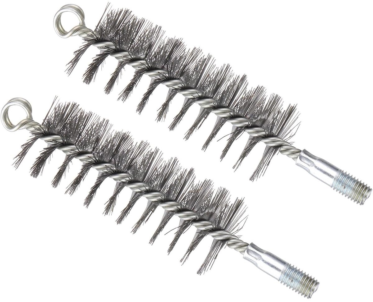 Borstel voor gat van 50 mm diameter, 2 stuks roestvrijstalen borstels met gevlochten draad voor het reinigen van cilindrische buizen met spiraalschacht van 12 mm voor buizen, zilver