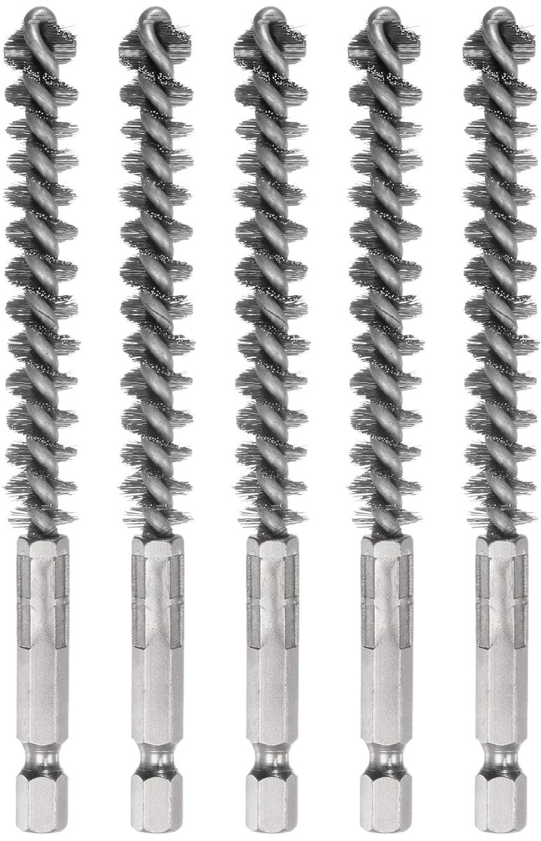 5 stuks boorborstels van roestvrij staal, 10 mm diameter, reinigingsborstel met gedraaide draad, buisreiniger met handgreep, 1/4 inch zeskantschacht voor buizen, aansluitingen, lagers