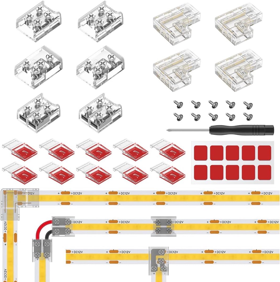 COB 2-pins 8mm transparante schroefbare LED-connectorset | 4pcs transparante 2pcs T-vormige 4pcs L-vormige voor FCOB 2-pins LED-strips met één kleur - Naadloze verbinding