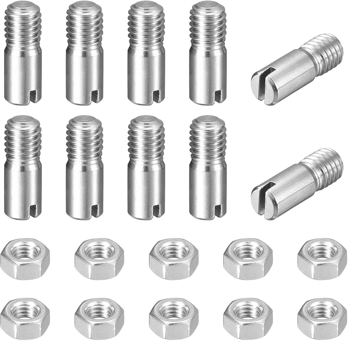Cilinderstiften, M6 x 16 mm, 304 roestvrij staal, plugpennen met M6 x 6,4 mm buitendraad, schroefdraadpennen met sleuf en moeren, set voor mechanische productie, industrie, meubelmontage, 10