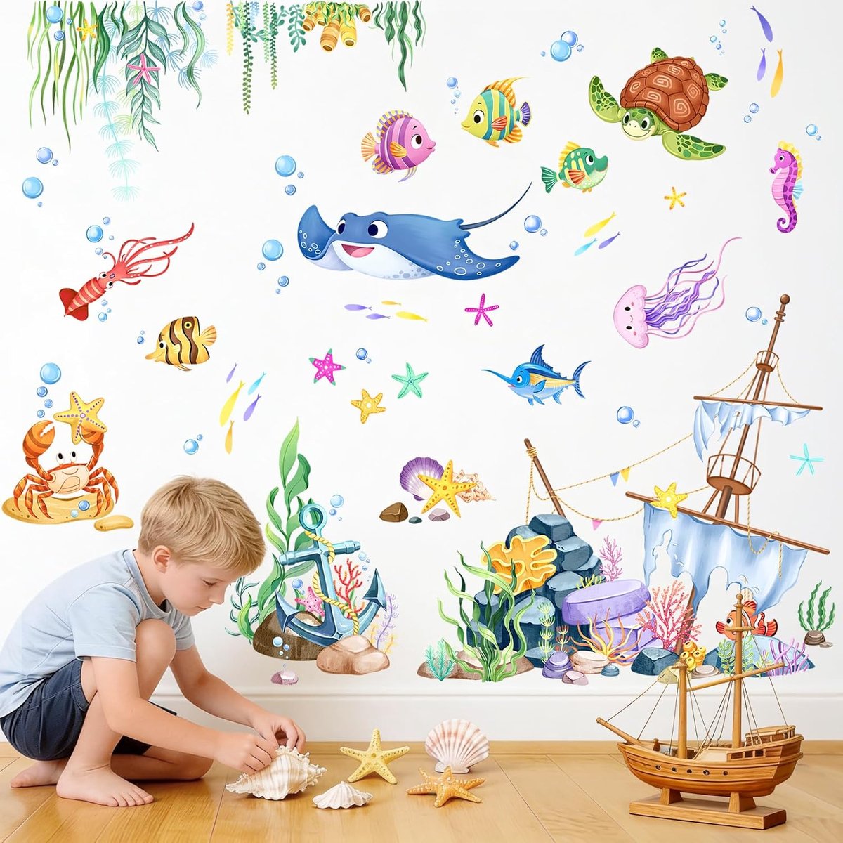 Muurstickers vis zeewier zeeschildpad muurstickers voor kinderen peuters slaapkamer woonkamer baby kinderkamer muur decor