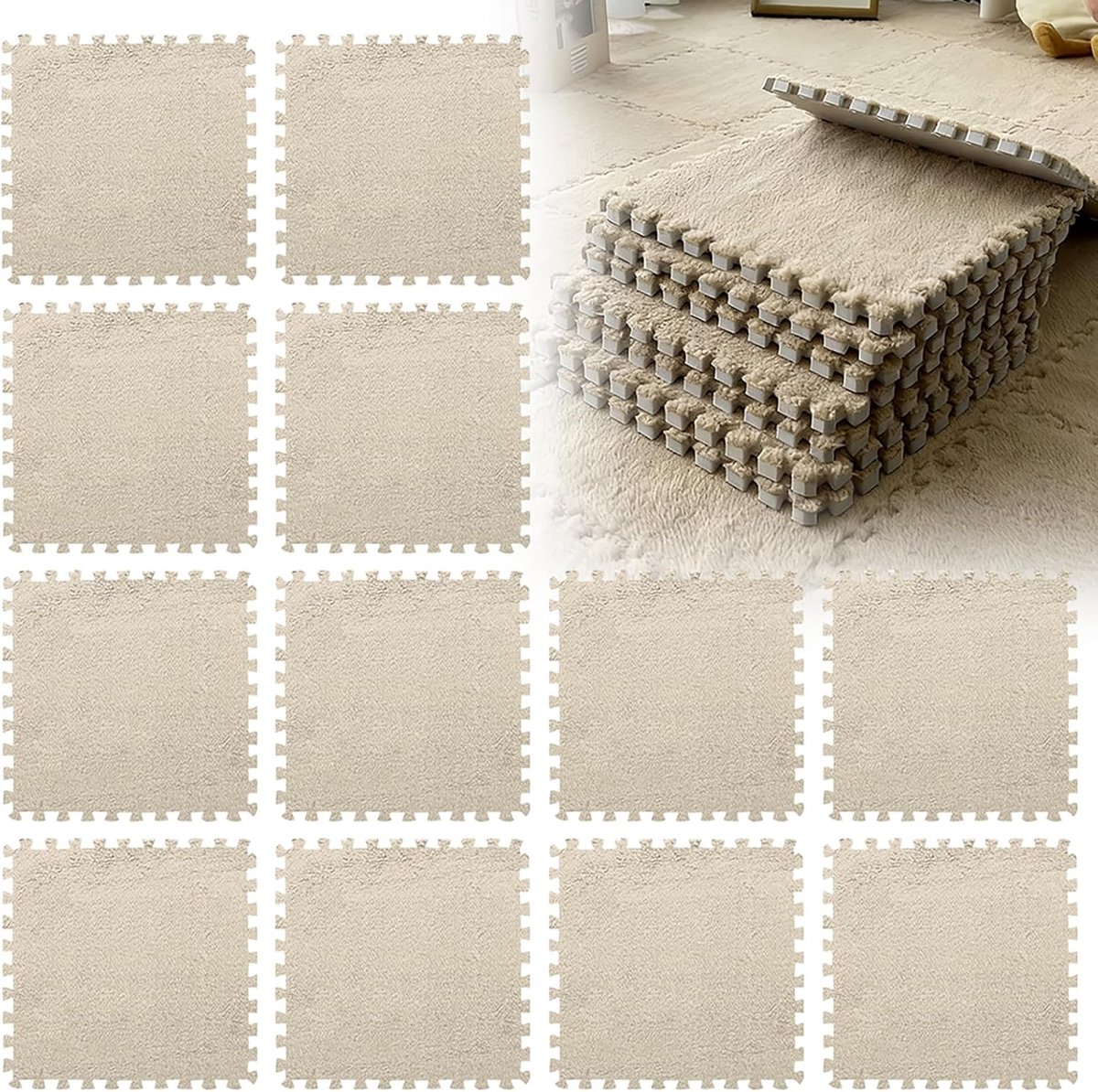 12 stuks in elkaar grijpende pluche vloertegels, 30 x 30 cm, schuimrubberen puzzelmatten, pluizige woonkamer, slaapkamer tapijttegels, schuimstofmat, lichtbruin