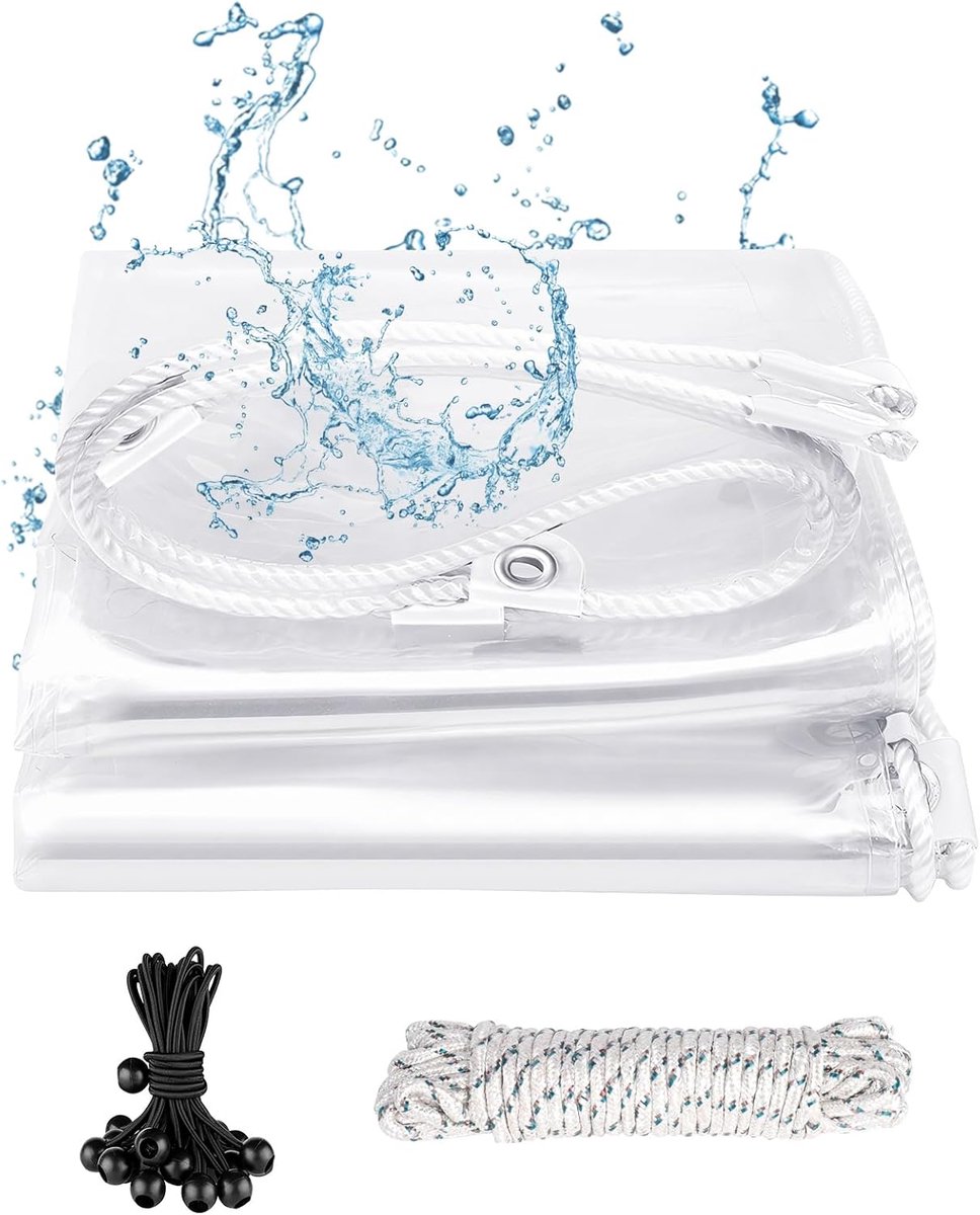 Transparant zeil met oogjes, versterking, 420 g/m², 2 x 6 m, afdekzeil, tentzeil, waterdicht, met zwarte baltouwen, pvc-materiaal, weerbestendig zeil voor regenbescherming, voor broeikas