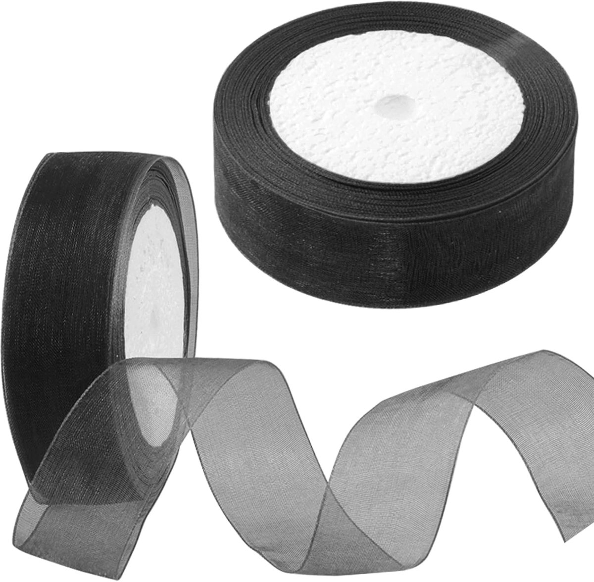 2 rollen 3,5 cm x 25 m glinsterend doorschijnend lint om cadeau in te pakken, 10 kleuren transparant chiffon linten voor bloemenboeket bruiloft decoratie (zwart)