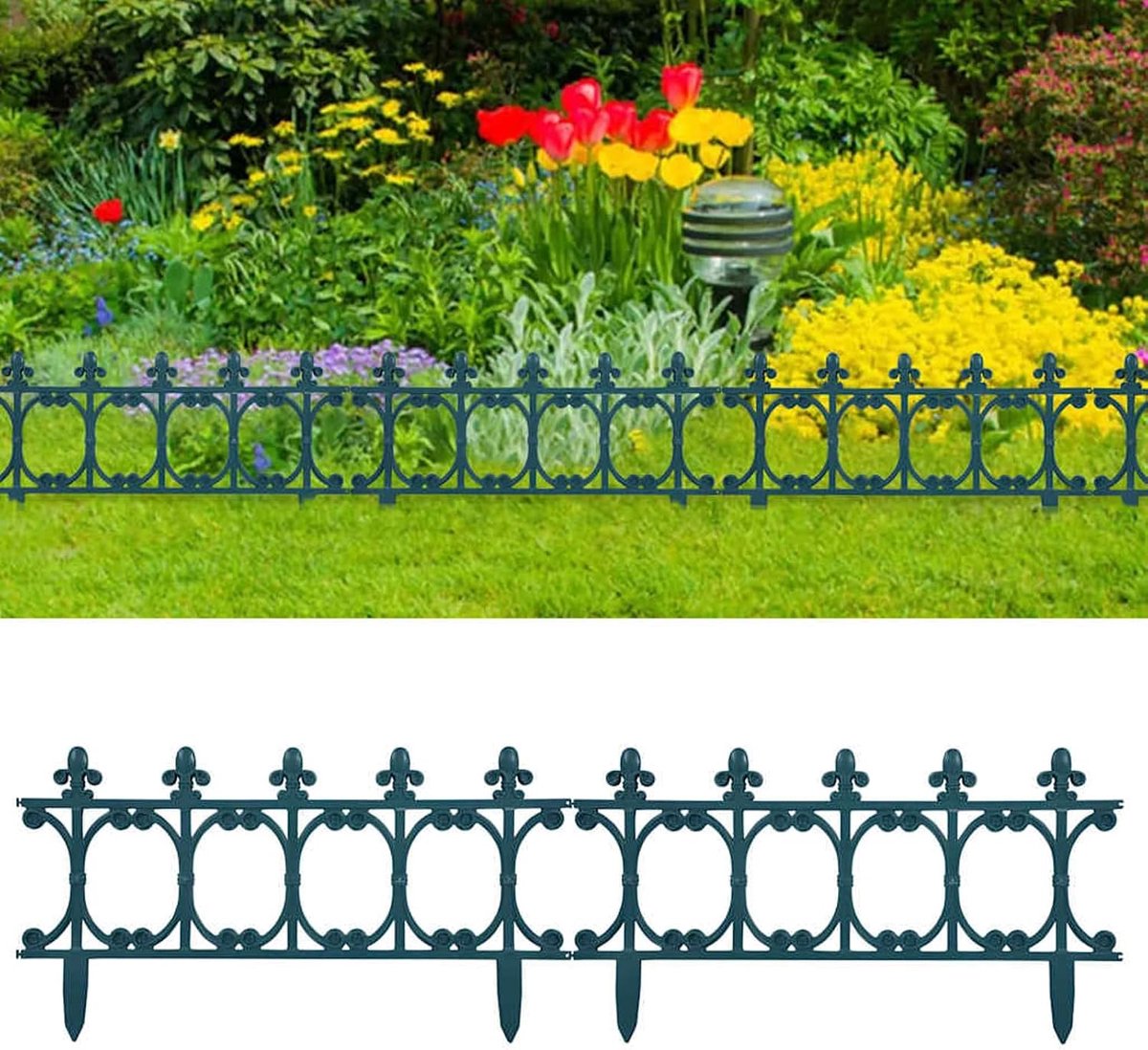 16 stuks in gothic design van robuust PP, groen, 10 m lang (63 x 33,5 cm per stuk), ideaal voor tuinbedden en gazonranden
