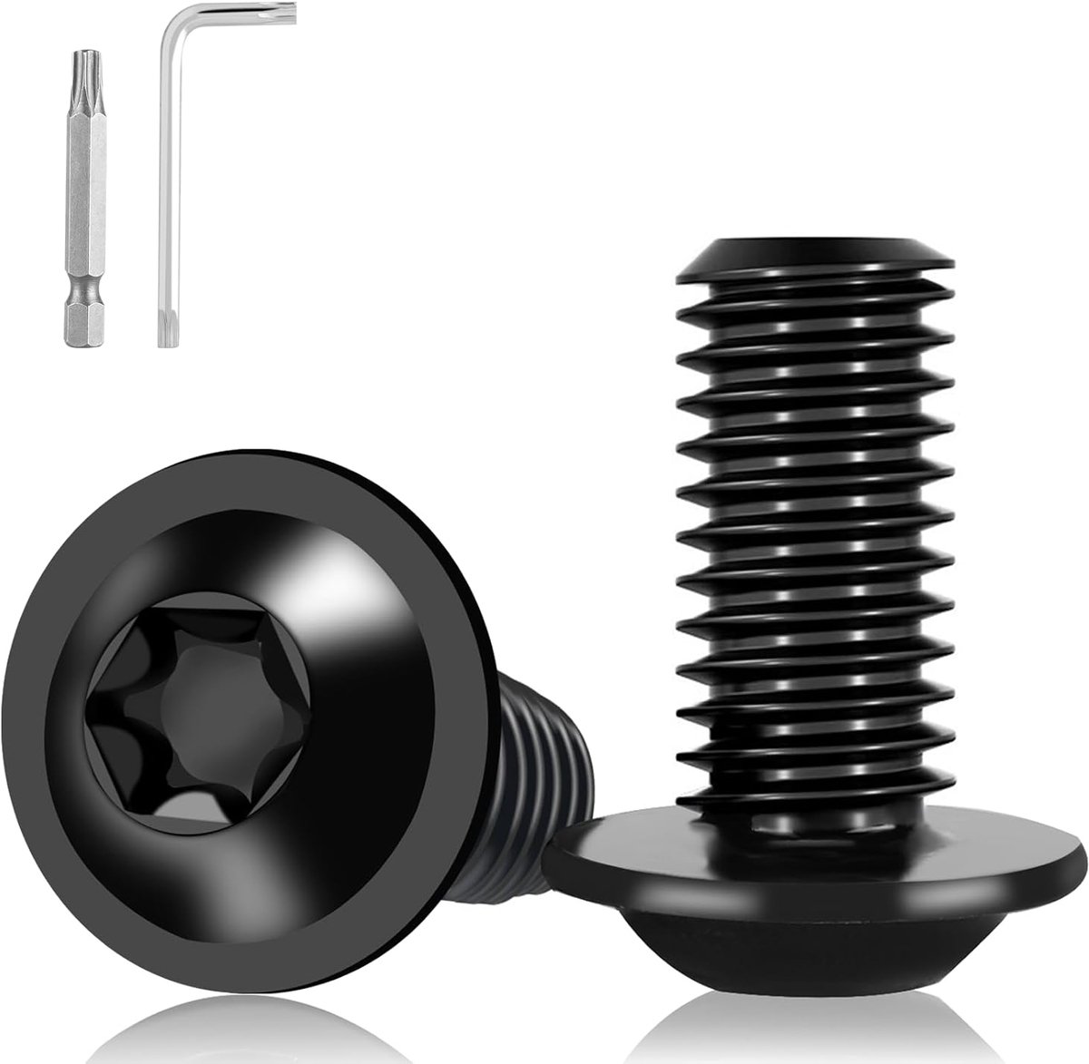 20 stuks M6 schroeven, zwart, platte kopschroeven, M6 x 30 mm, roestvrij staal, A2 V2A schroeven, torx met flensschroeven, lenskopschroeven met torx-sleutel en boor voor onderhoud en
