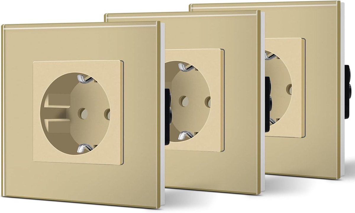Wandcontactdoos, standaard geaard stopcontact, met glazen paneel, 16 A, eenvoudig te installeren, 86 mm, goudkleurig, 3 stuks