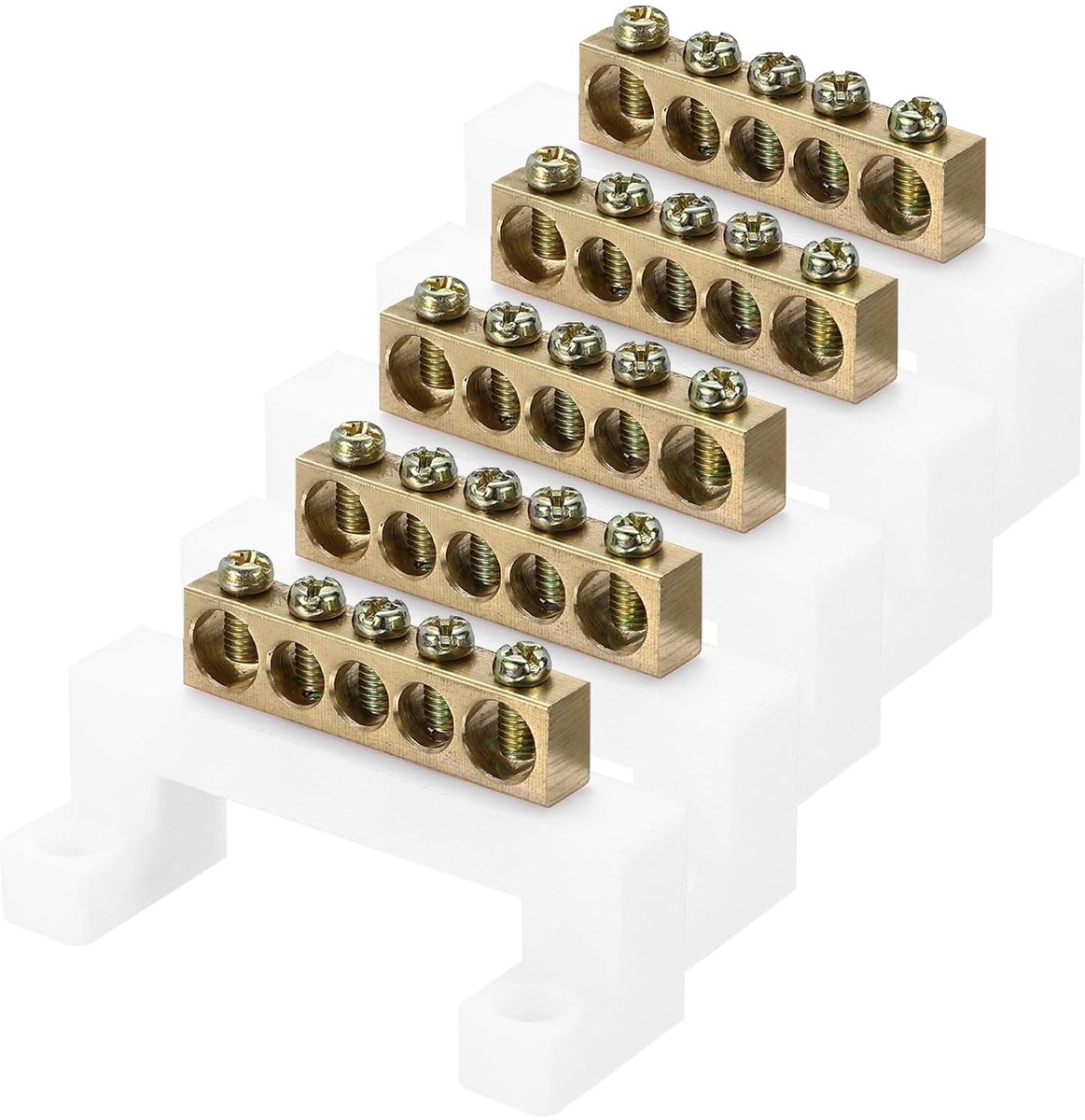 5 stuks aardingsstangen met klem, 5 posities klemlijst van messing met schroef, aardingsklemblok 8 x 12 mm voor elektrische apparaten, verdeelkast, wit