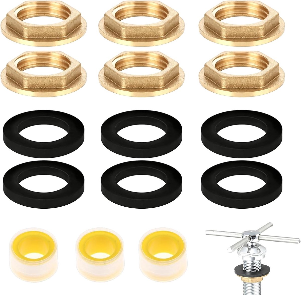 Flensmoeren met binnendraad, 6 stuks zeskant borgmoeren met 6 ringen en 3 rollen afdichtingstape voor kraan, wastafel, boiler en wasmachine