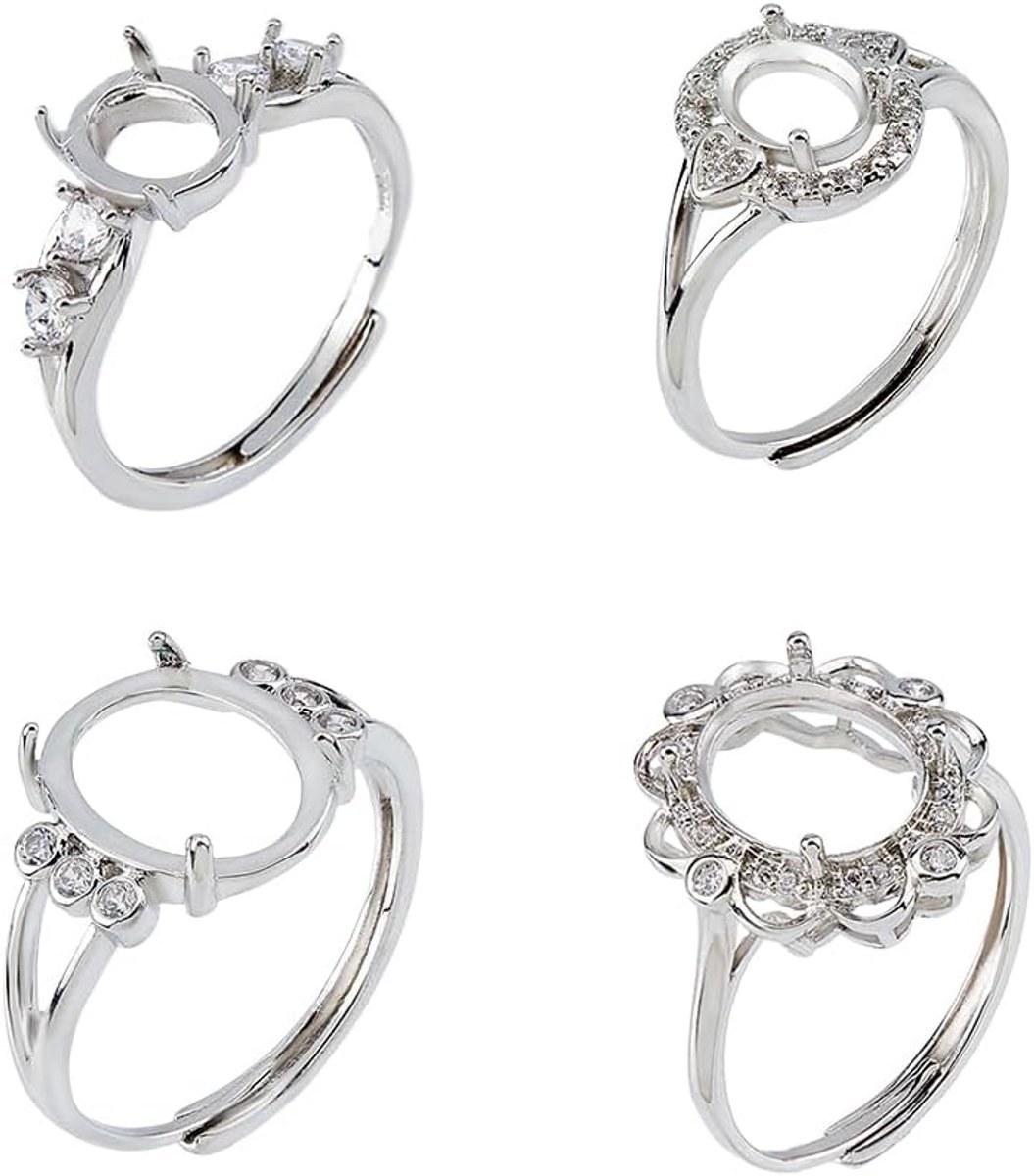 4 stuks Prong-ring-setings 4 stijlen zirkoniastenringen ovale messing platina ringen met verstelbare klauwen ringonbewerkte ringen voor doe-het-zelf ringen en sieraden maken