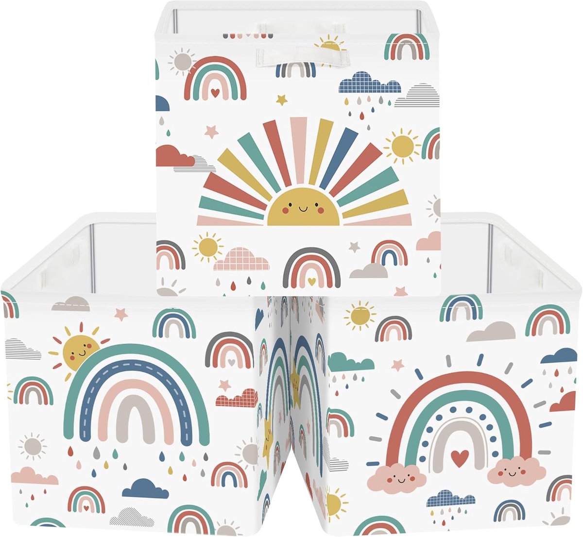 30 cm Opbergdoos 3 Stuks Regenboog Opbergmand voor Kinderen Zon Wolken Opbergkubus met Handgrepen voor Slaapkamer Organizer voor Speelgoed Boeken Kleding, Boho