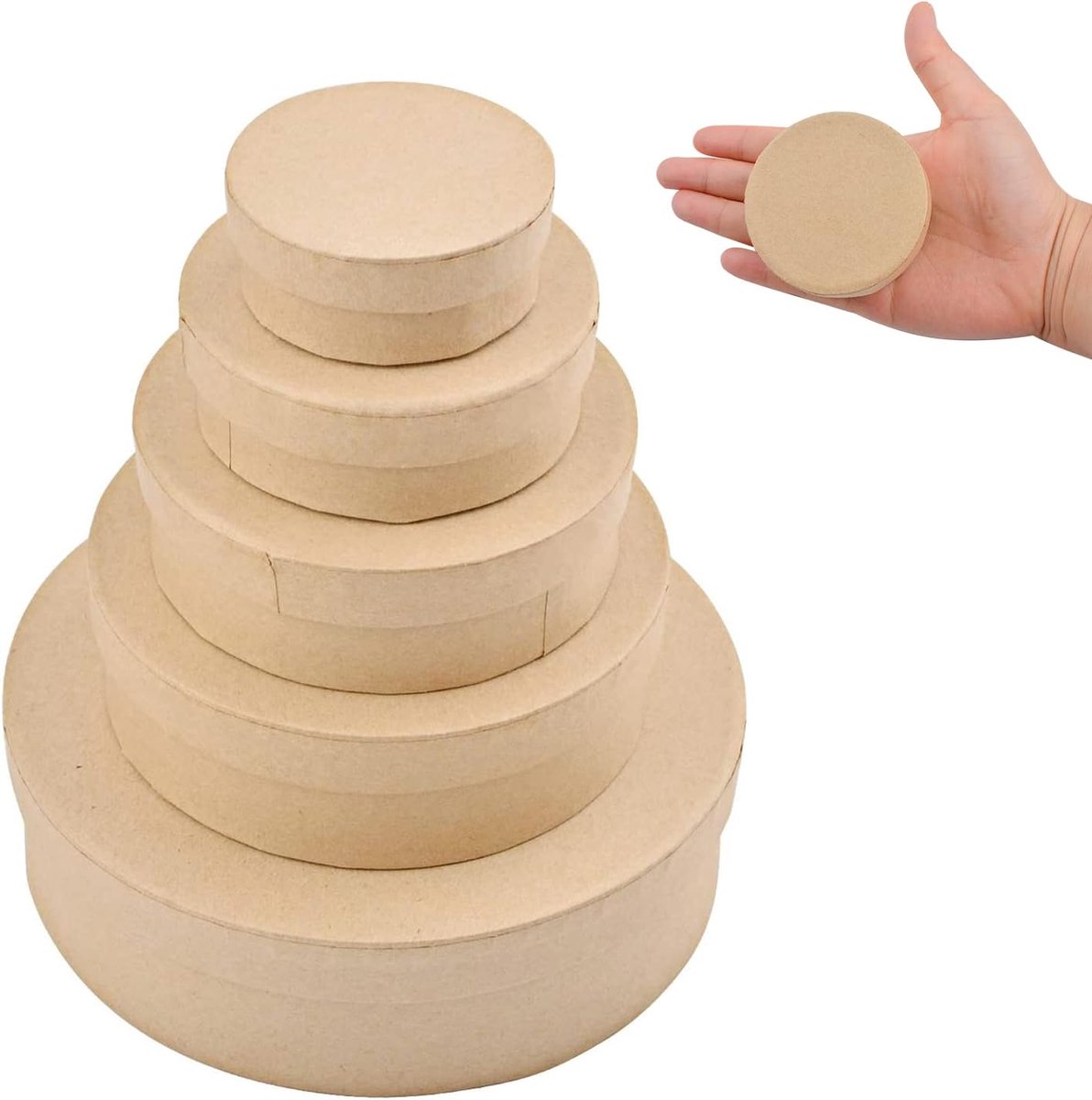 Paper Mache Box, set van 5 ronde mini kraftpapieren dozen met deksels ideaal voor knutselen en opbergen van accessoires, cosmetica, sieraden, cadeaus, huishoudelijke artikelen