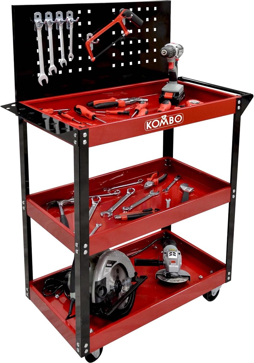 Tooltrolley met 3 planken - stalen frame - 150 kg draagkracht - ideaal voor gereedschap en machines - SnelShoppen