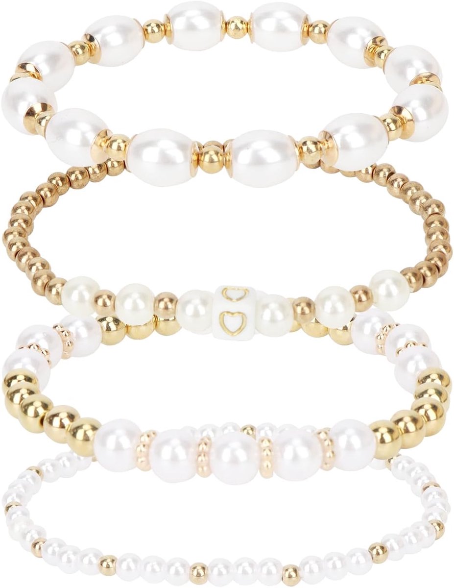 Armbandset voor dames, 4 stuks gouden parelarmbanden in verschillende stijlen, imitatieparels en gouden bolletjes, verstelbare gevlochten hartvormige armbanden