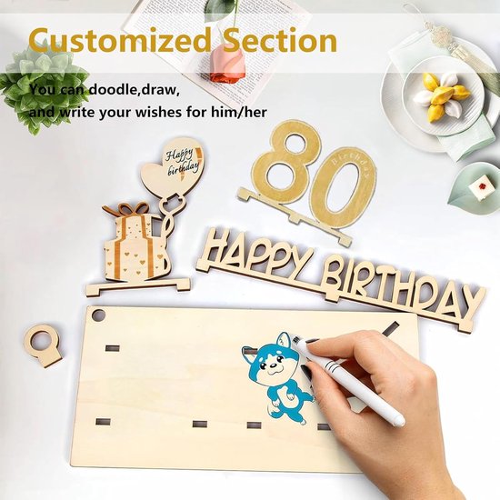 80 jaar geschenken, geldgeschenk verjaardag 80 met LED-lichtsnoer, 80e verjaardag, decoratie, wenskaart voor 80e verjaardag, gastenboek gemaakt van hout, cadeaus voor 80e verjaardag heren dames — afbeelding 3