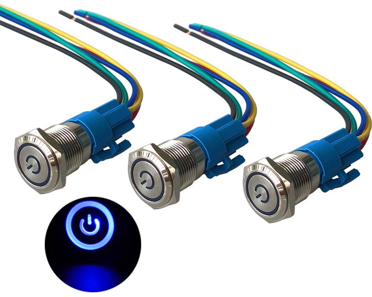 3 stuks premium 12 V/24 V 5 A zelfborgende drukschakelaar, 16 mm drukknop schakelaar van metaal met blauwe led, auto-startschakelaar van waterdicht roestvrij staal