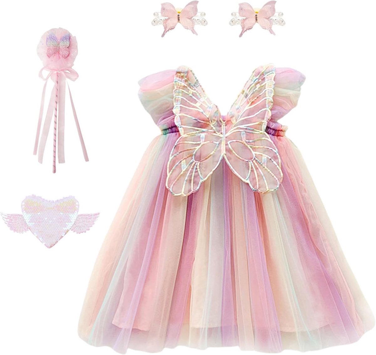 Set met Haaraccessoires Paillettentas en Toverstaf,Zomerse Tule Jurk,Mouwloos voor Bruiloft Feest en Verjaardag,Kinderjurken met Geschenkdoos en Wenskaart, 3-7 Jaar