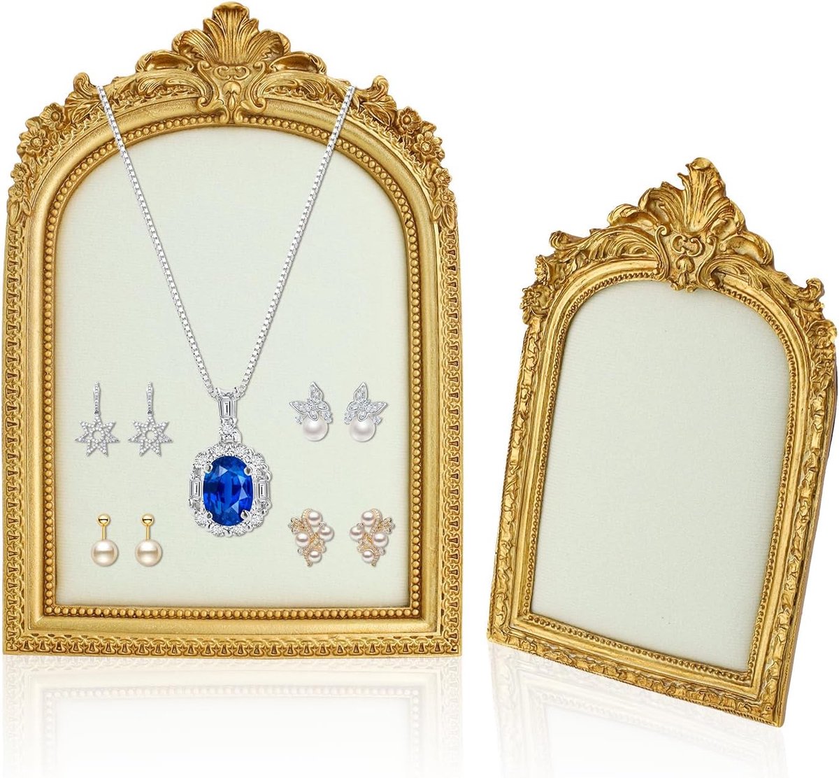 Set van 2 vintage sieradenstandaard, organizer voor gouden kettingen, oorbelhouder met fluwelen onderlegger, elegante fotolijst-sieradenhouder (goud)