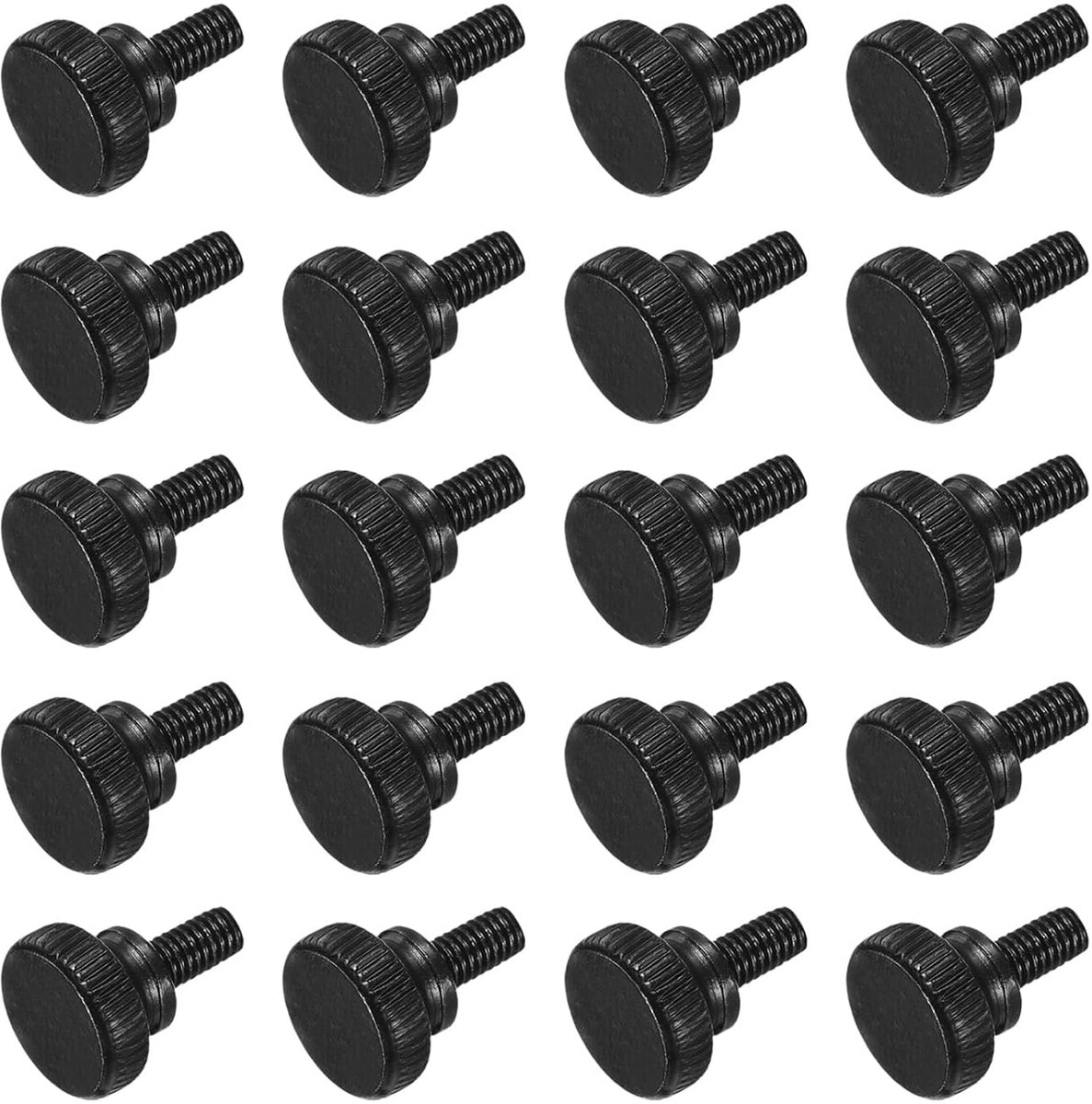20 stuks handschroeven M4 x 6 mm met liniatuur platte kop van zwart staal metrische schroeven met liniatuur en schouderknoppen voor handmatige klem bevestigingselementen met schroefdraad