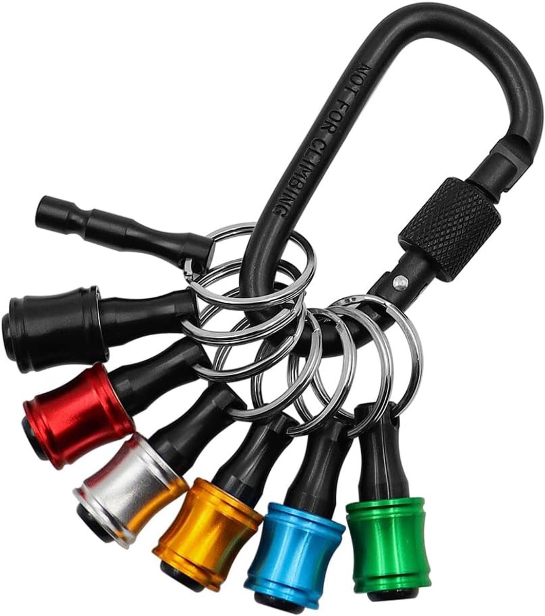 6-delige zeskantschacht schroevendraaierbithouder, 1/4 inch aluminium boorhouder sleutelhangerset snelwisselbare verlengschroefdopadapter met zwarte karabijnhaak