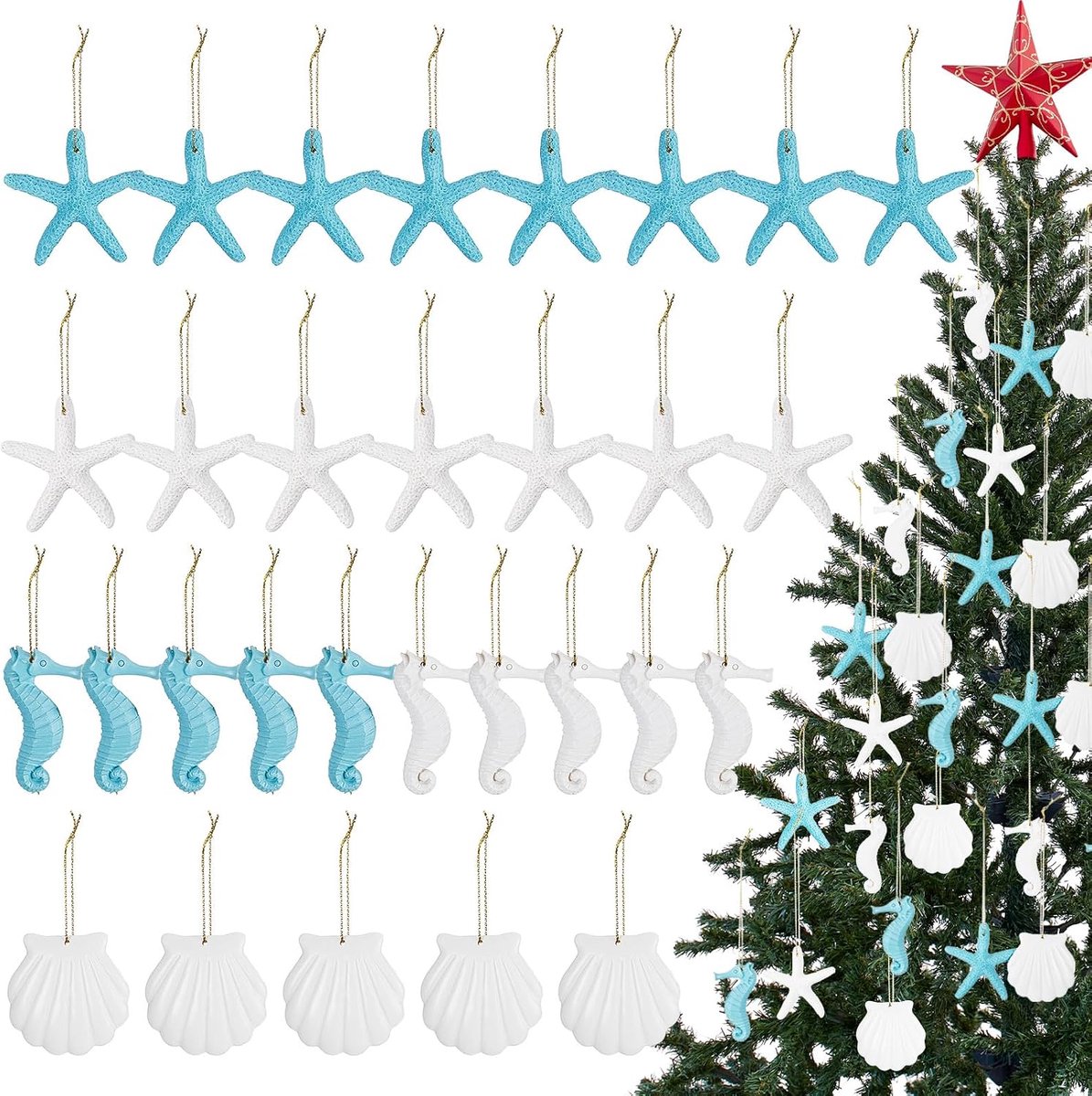 30 stuks Hars Zeester Geassorteerde Hars Potlood Vinger Zeepaard Zeeschelpen Oceaan Thema Opknoping Ornamenten met Geboord Gat Touw voor Kerstmis Bruiloft Party Decor DIY Craft Supplies