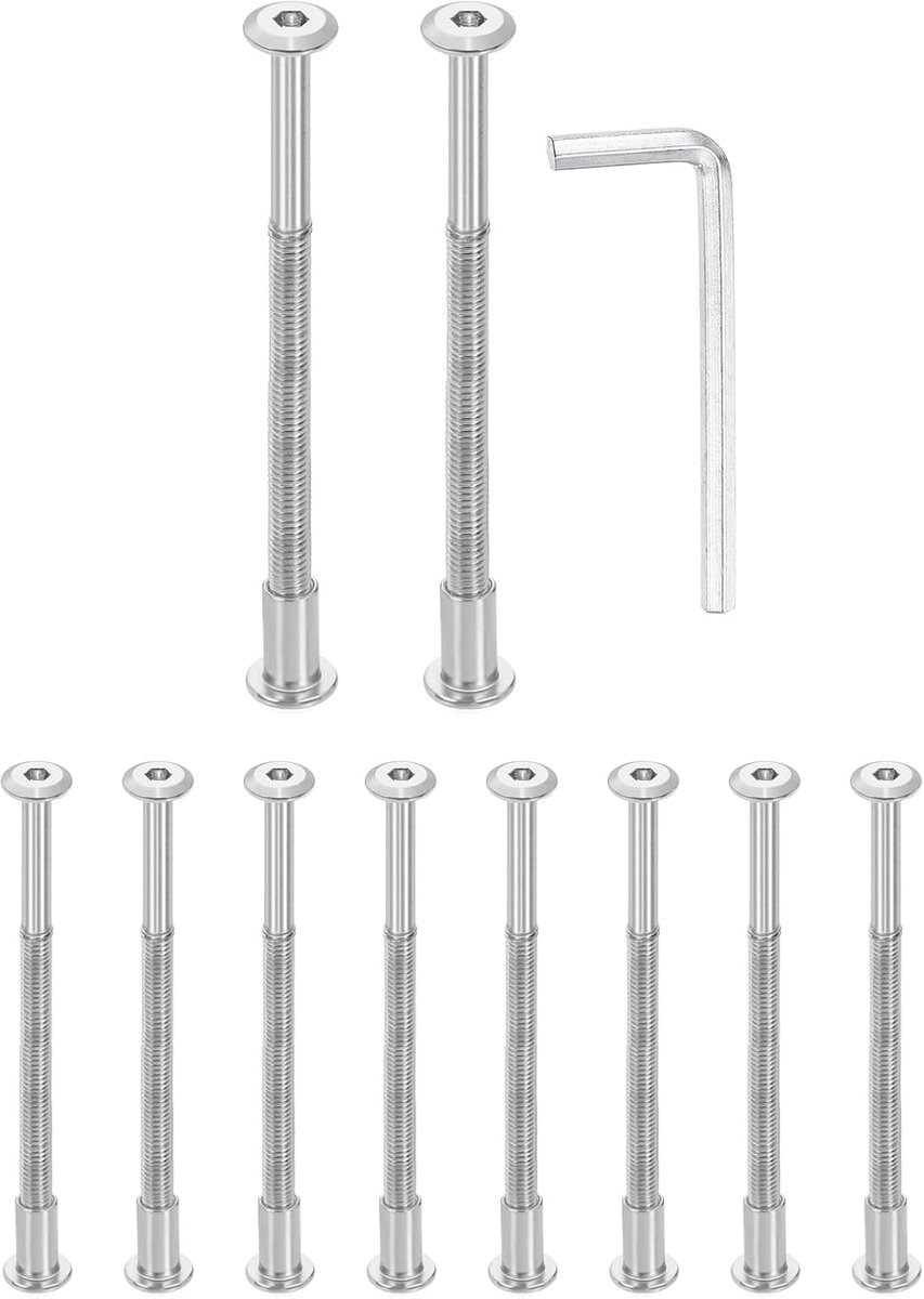 Set van 10 zeskantbouten M6 x 100 mm en moeren M6 x 15 mm met M4 inbussleutel, bouten en bevestigingsschroeven voor meubels, verzonken riem, zilver